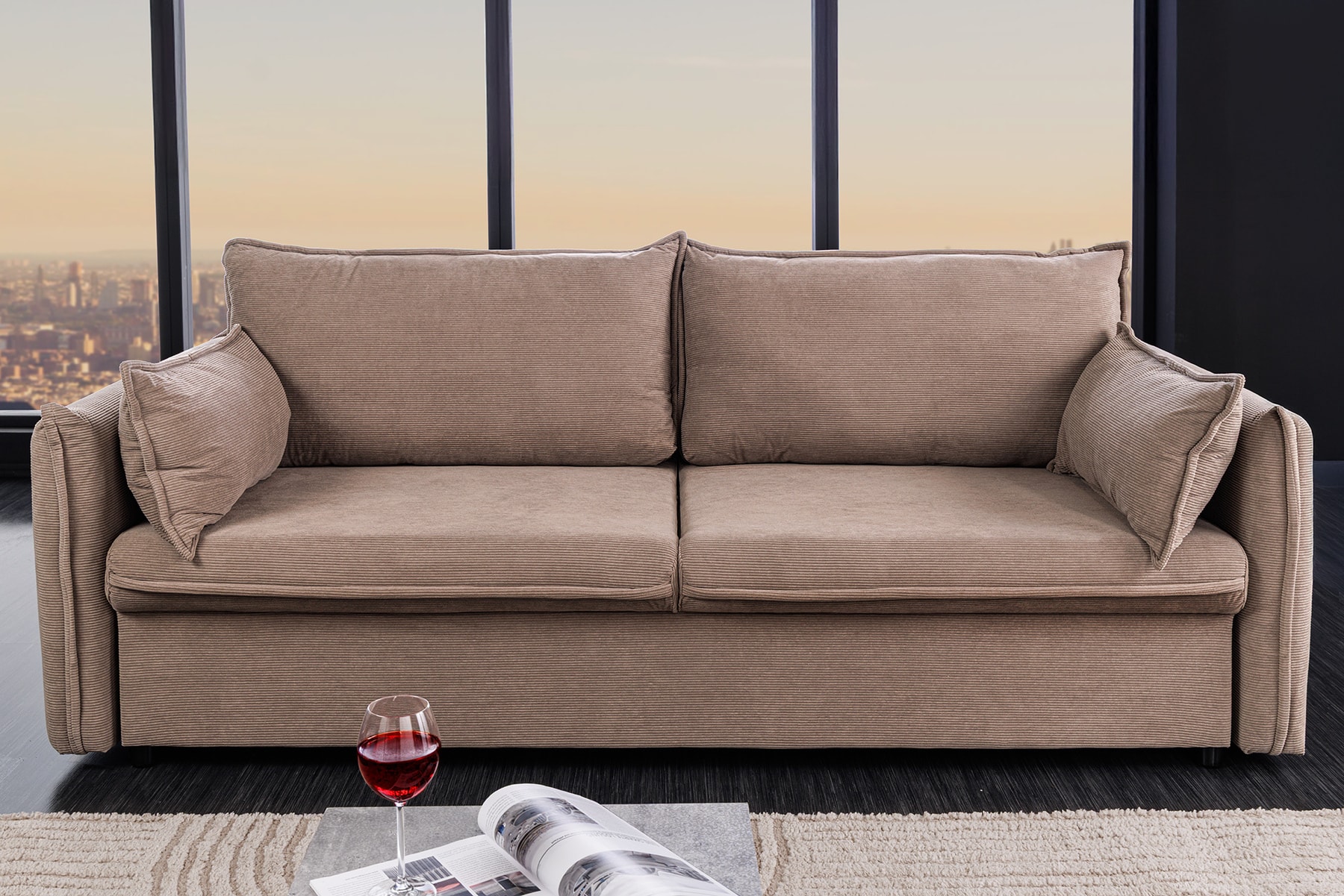 XXL Sofa mit Schlaffunktion APARTMENT  taupe Cord inkl. Bettkasten und Kissen