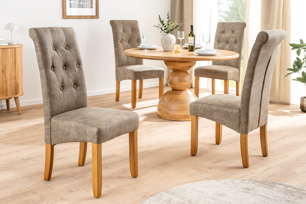 Design Stuhl CASA taupe Microfaser mit Zierknöpfen Massivholzbeine