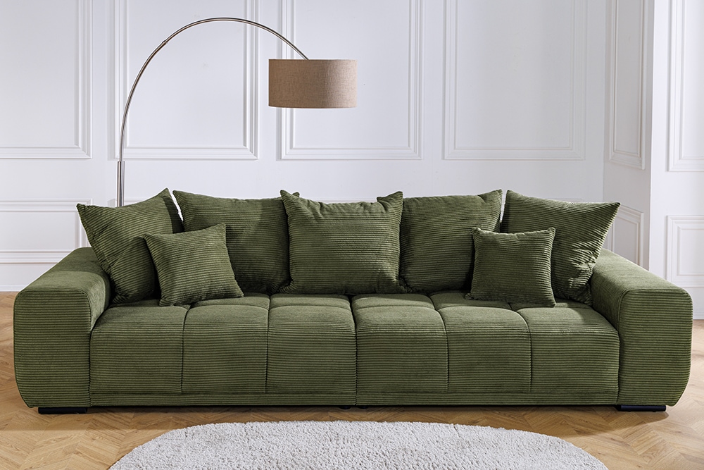 Modernes XXL Sofa ELEGANCIA 285cm grün Cord Federkern inklusive Kissen Bigsofa