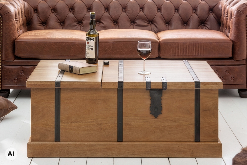 Massiver Couchtisch BODEGA 100cm braun honey finish Mangoholz Hausbar Truhe Stauraum