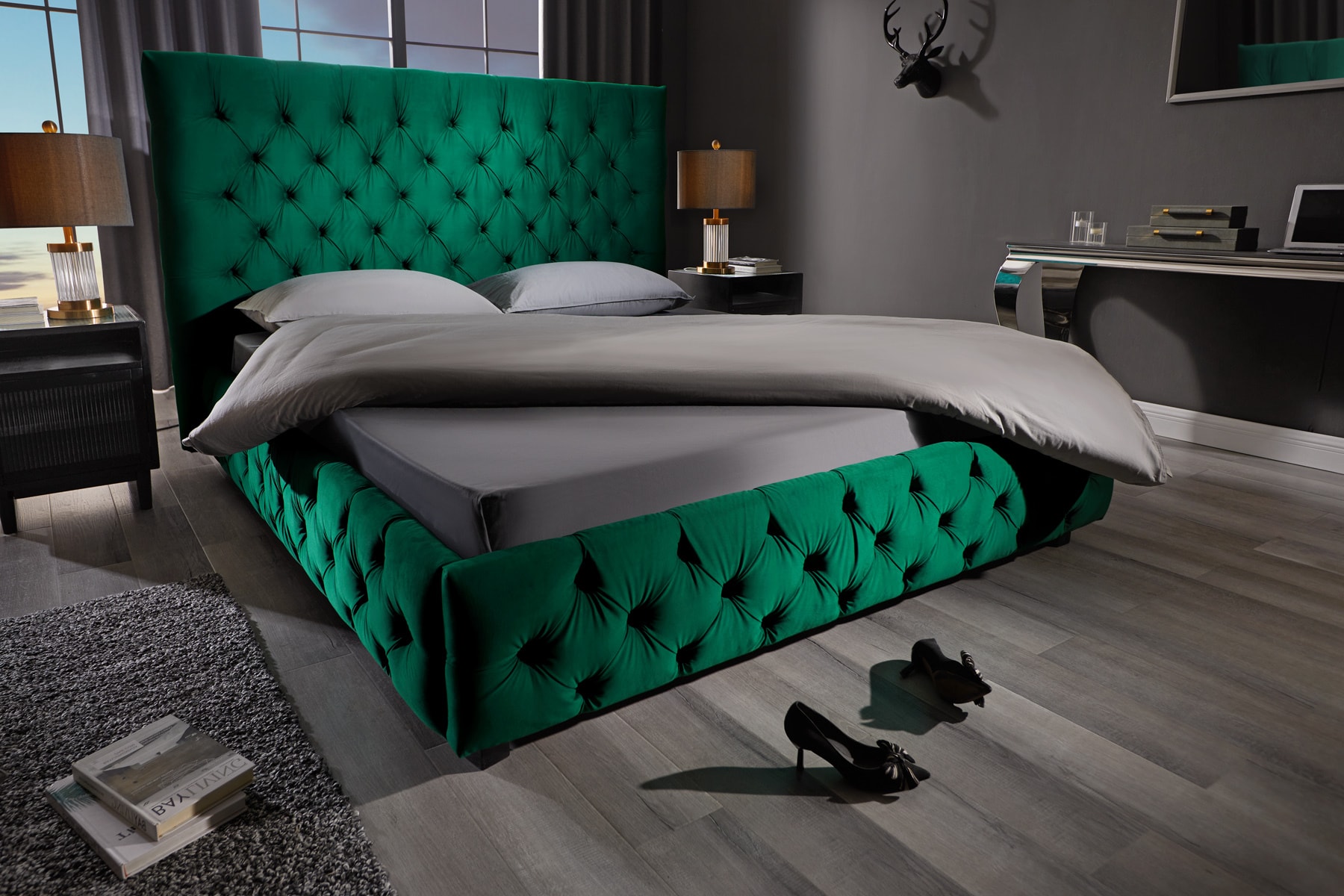 Design Boxbett PARIS 180x200cm dunkelgrün Samt Chesterfield Doppelbett
