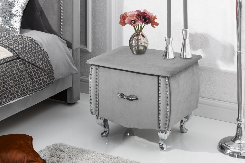 Eleganter Nachttisch EXTRAVAGANCIA 50cm silbergrau Samt Nachtkommode mit Schublade