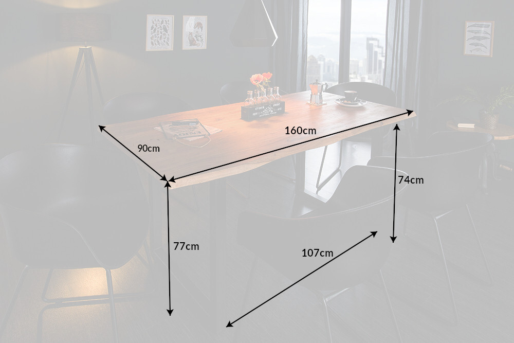 Massivholz Esstisch MAMMUT 160cm Wild-Akazie Industrial Design 2,6cm Tischplatte Baumkante