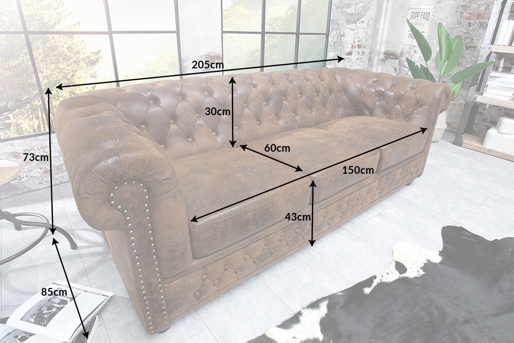 Chesterfield 3-Sitzer Sofa 205cm schwarz Nietenbesatz Federkern