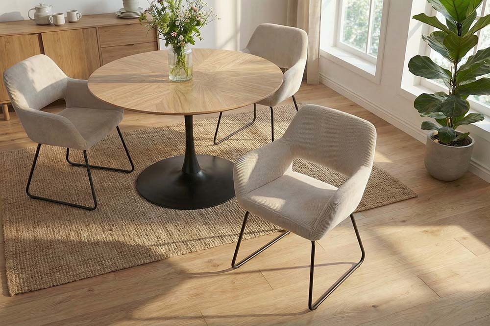 Design Stuhl MUSTANG beige Cord mit Armlehne schwarz Metallgestell