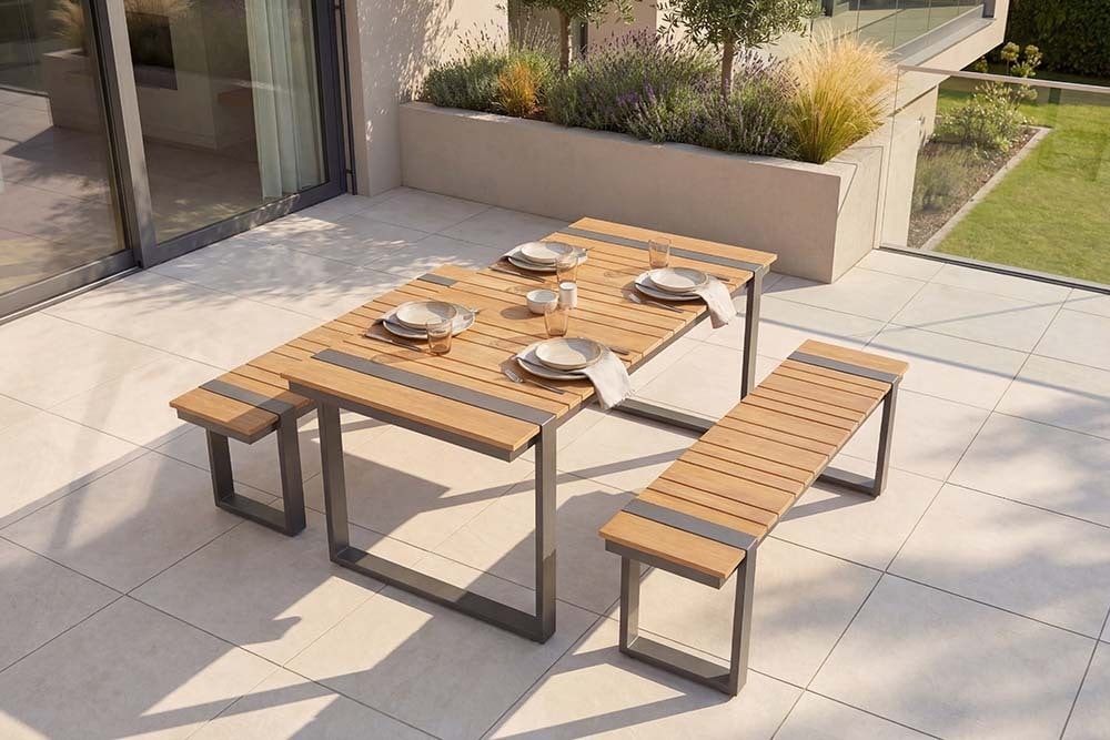 Wetterfester Gartentisch TAMPA LOUNGE 125cm grau natur Aluminium Metall Holz-Design Outdoor