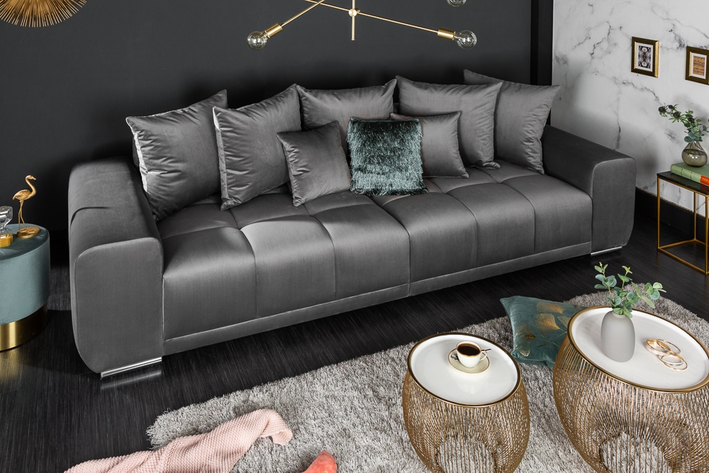 Big Sofa ELEGANCIA 285cm silbergrau Samt XXL Couch inkl. Kissen Federkern