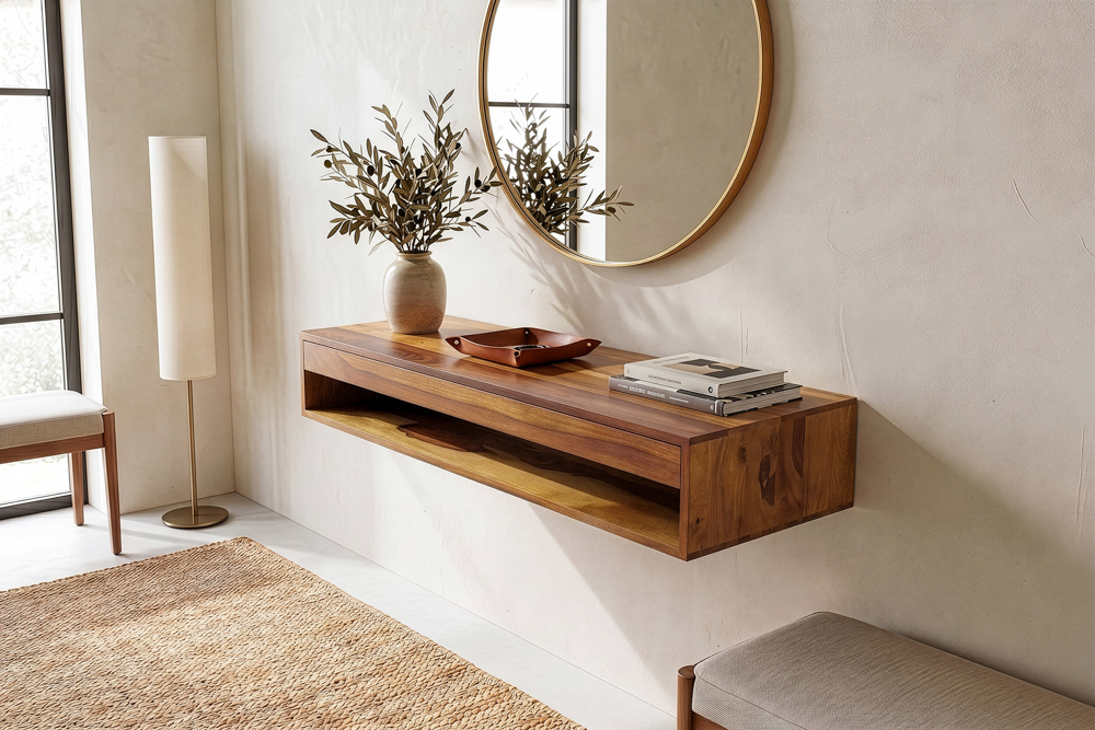 Hängender Konsolentisch PURE 100cm braun Sheeshamholz stone finish Schreibtisch