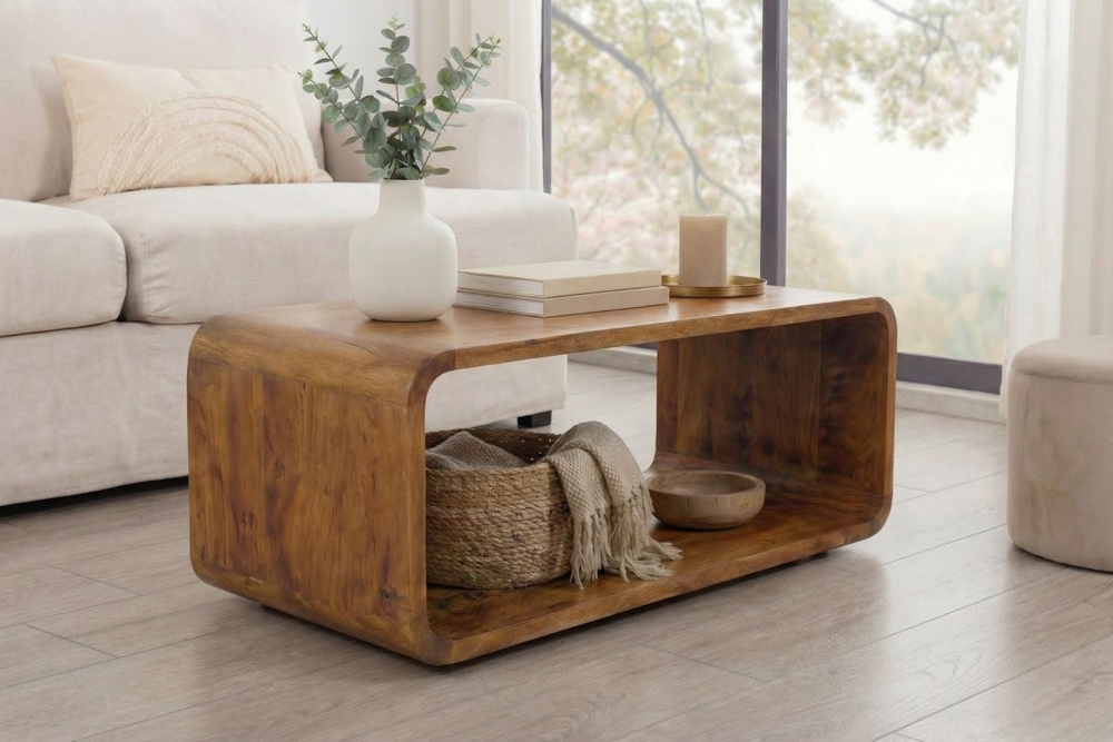 Massiver Couchtisch CUBUS 100cm braun honey finish Mangoholz handmade