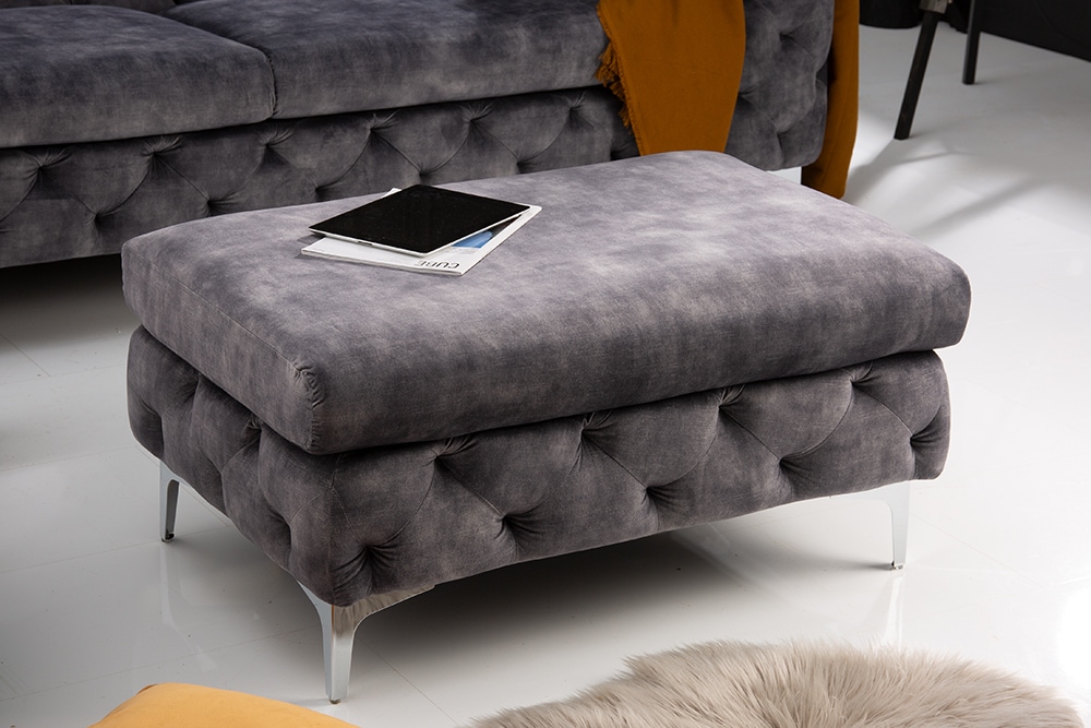 Chesterfield Hocker MODERN BAROCK 90cm dunkelgrau Samt Sitzhocker Fußhocker