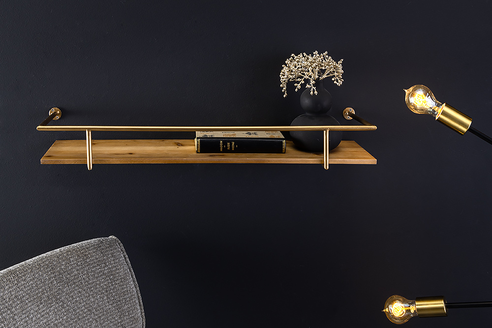 Massives Wandregal HERITAGE 75cm natur Pinienholz gold Metall