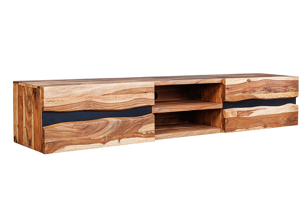 Hängendes TV-Lowboard AMAZONAS 160cm braun Sheesham Massivholz Baumkante Metall schwarz