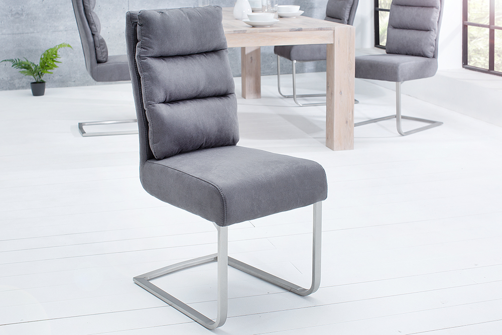 Design Freischwinger Stuhl COMFORT vintage grau mit Edelstahl-Gestell