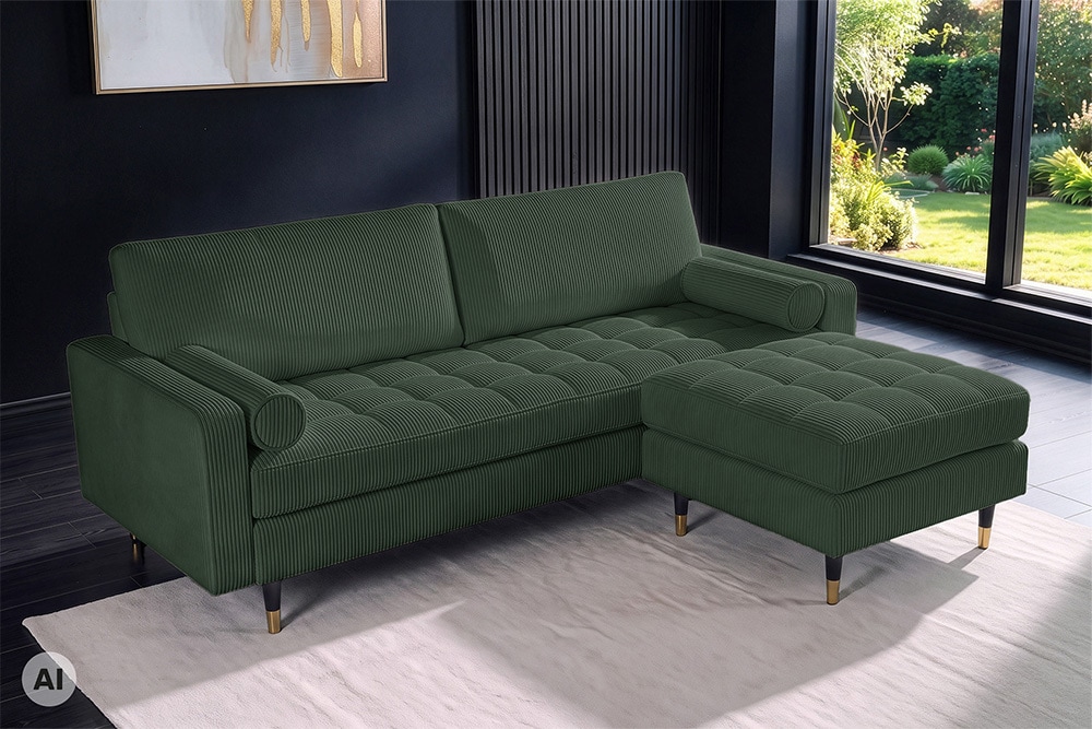 3er Sofa COZY VELVET 220cm grün Cord schwarze Füße mit goldener Kappe