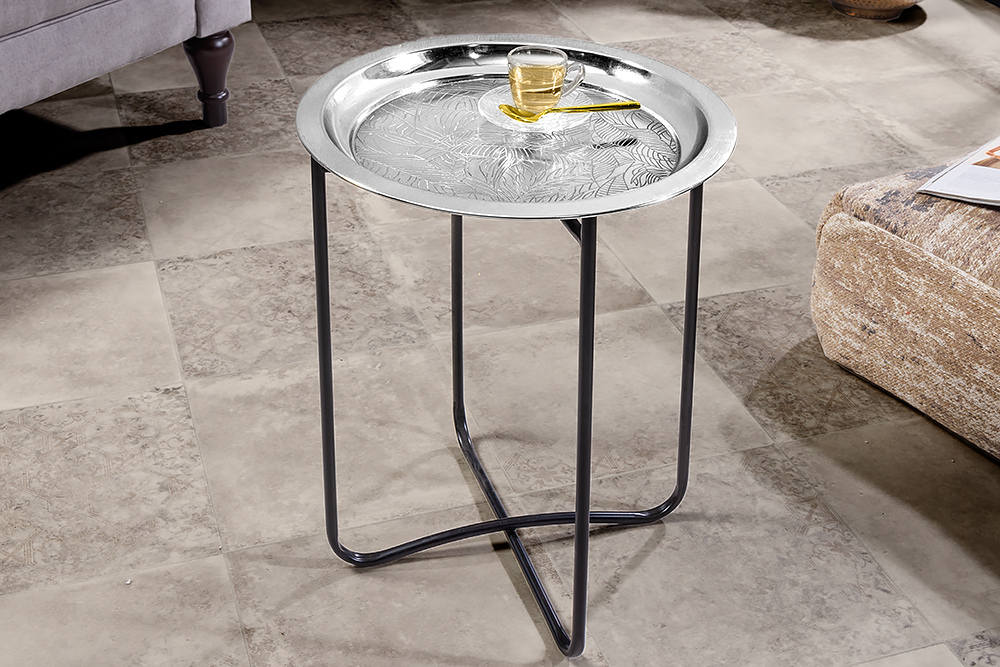 Orientalischer Beistelltisch CASABLANCA 50cm silber schwarz Tablett abnehmbar klappbar