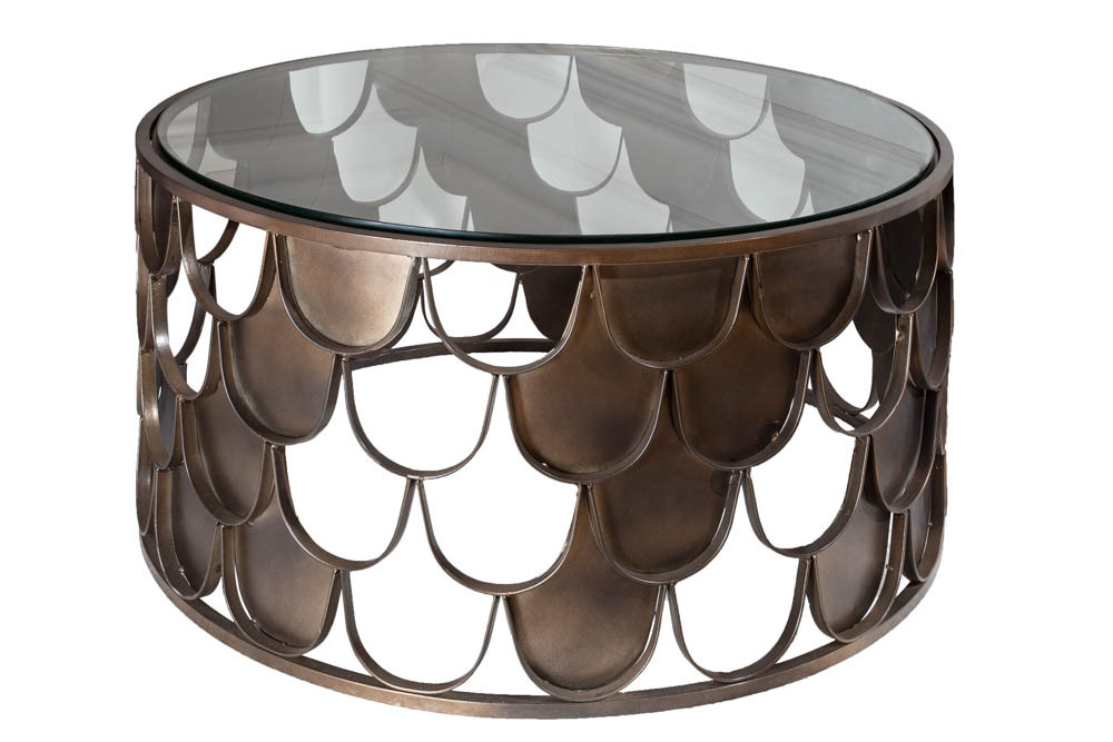 Runder Couchtisch ABSTRACT 60cm antik messing Metall Glas Industrial Fischschuppen Design