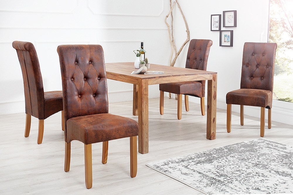 Edler Stuhl CASA whisky braun vintage mit Zierknöpfen Massivholzbeine