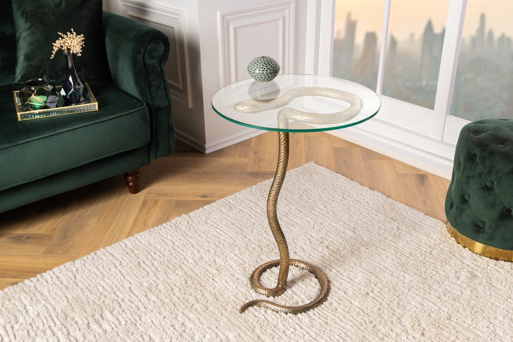 Runder Beistelltisch WILDLIFE SNAKE 65cm kupfer antik Metall Glas handmade