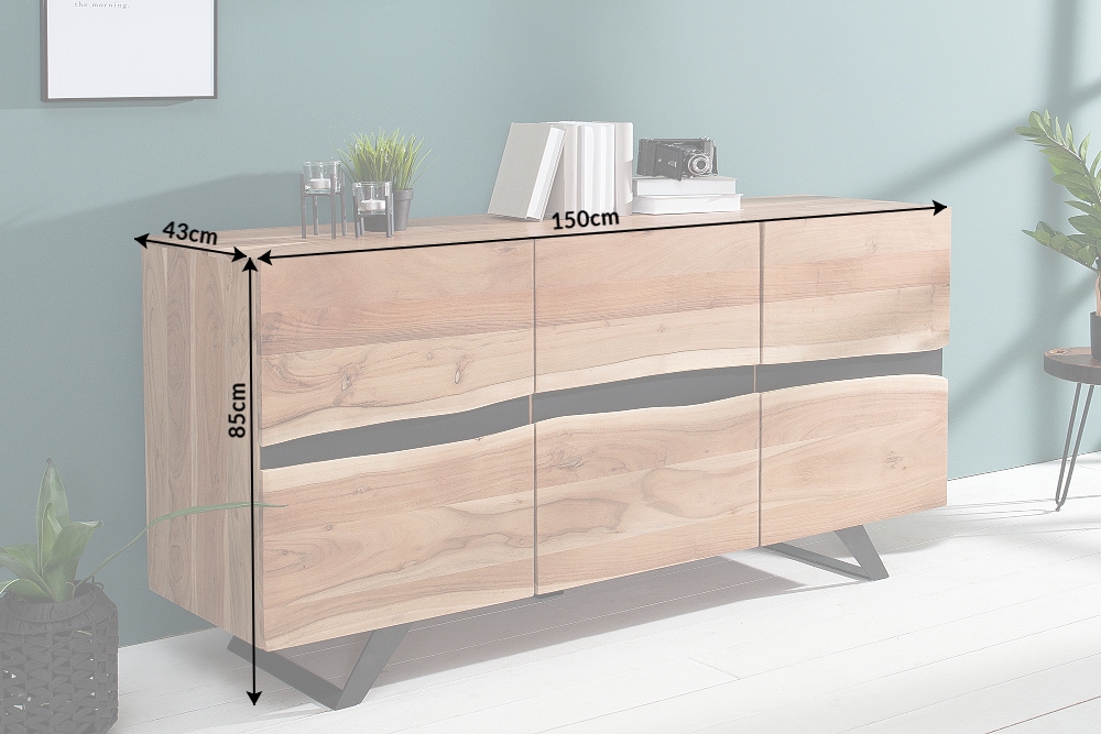 Massivholz Sideboard AMAZONAS 150cm Akazie natur Metall schwarz Baumkante