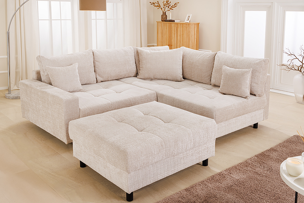 Modernes Ecksofa KENT 220cm champagner beige Chenille Cremona Federkern Wohnlandschaft mit Hocker
