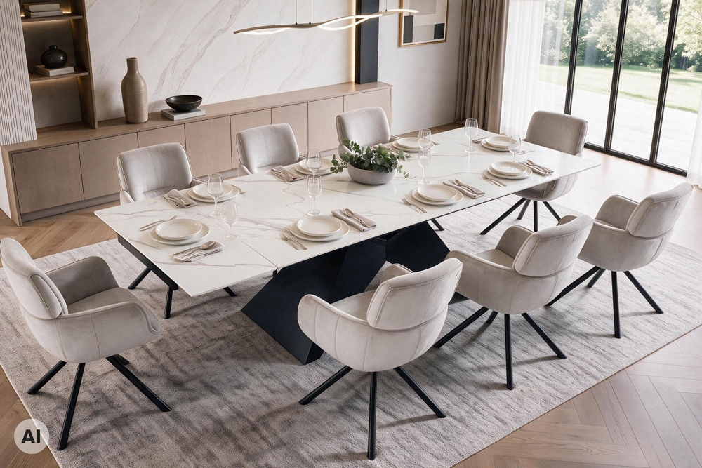 Design Esstisch DIAMOND 180-260cm matt weiß Keramik Metallgestell schwarz