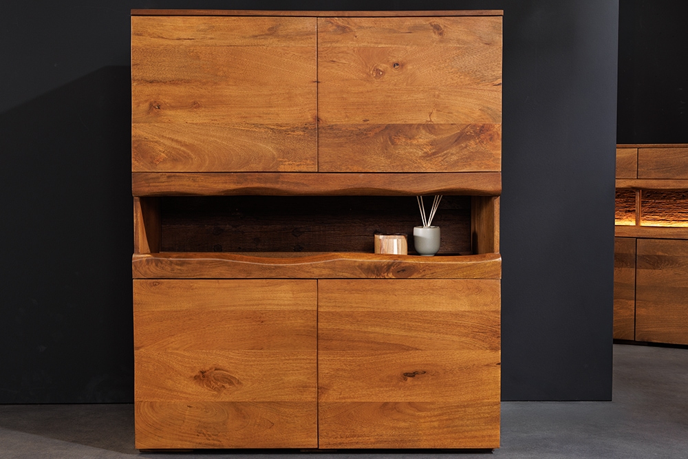 Massives Highboard GRAND 120cm braun Mangoholz mit LED-Beleuchtung
