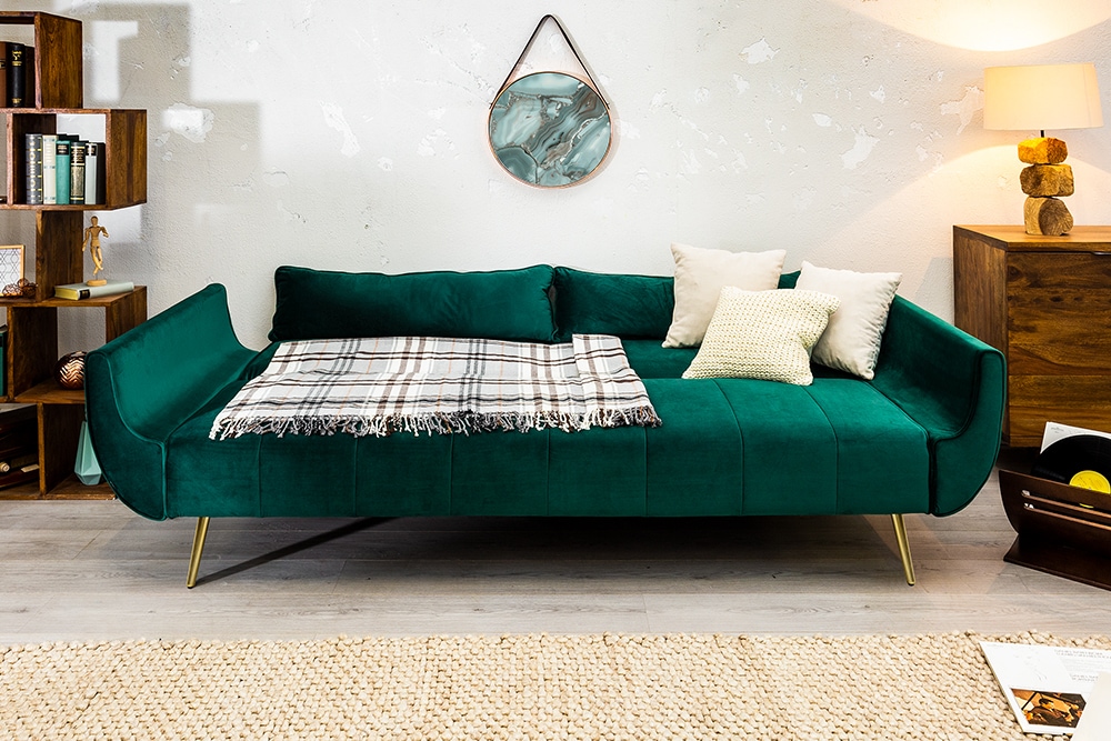 Retro Schlafsofa DIVANI 220cm smaragdgrün Samt goldene Metallfüße 3-Sitzer mit Bettfunktion