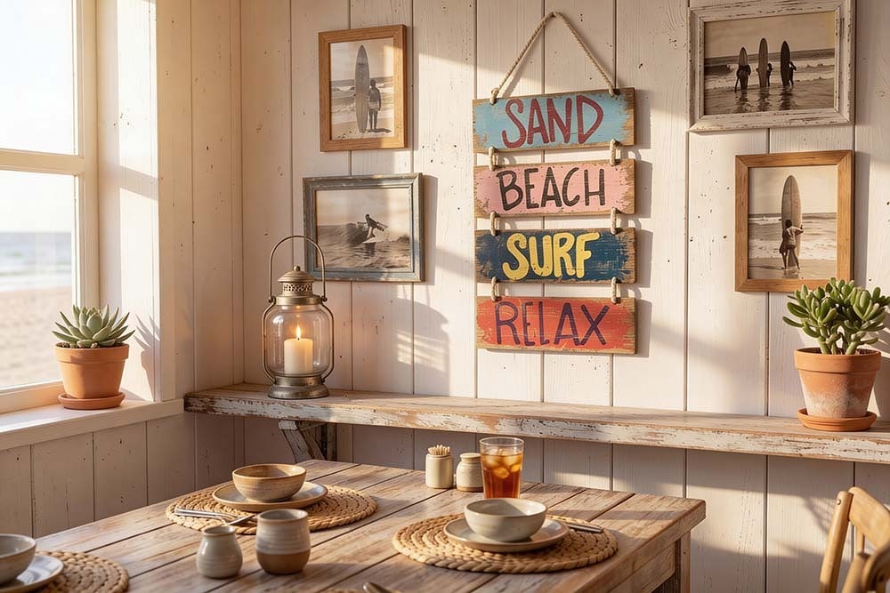 Maritimes Wandschild SURF & BEACH 110cm buntes Holzdesign Deko-Schild