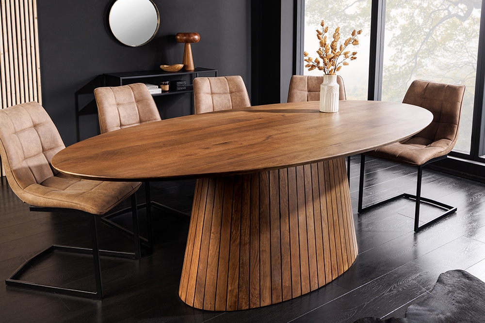 Ovaler Esstisch ART DECO 220cm braun smoked massives Mangoholz mit Säulenfuß
