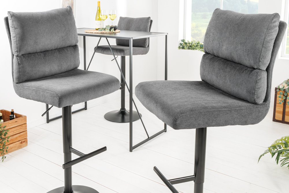 Höhenverstellbarer Barhocker COMFORT grau Cord drehbar mit Lehne Metall schwarz