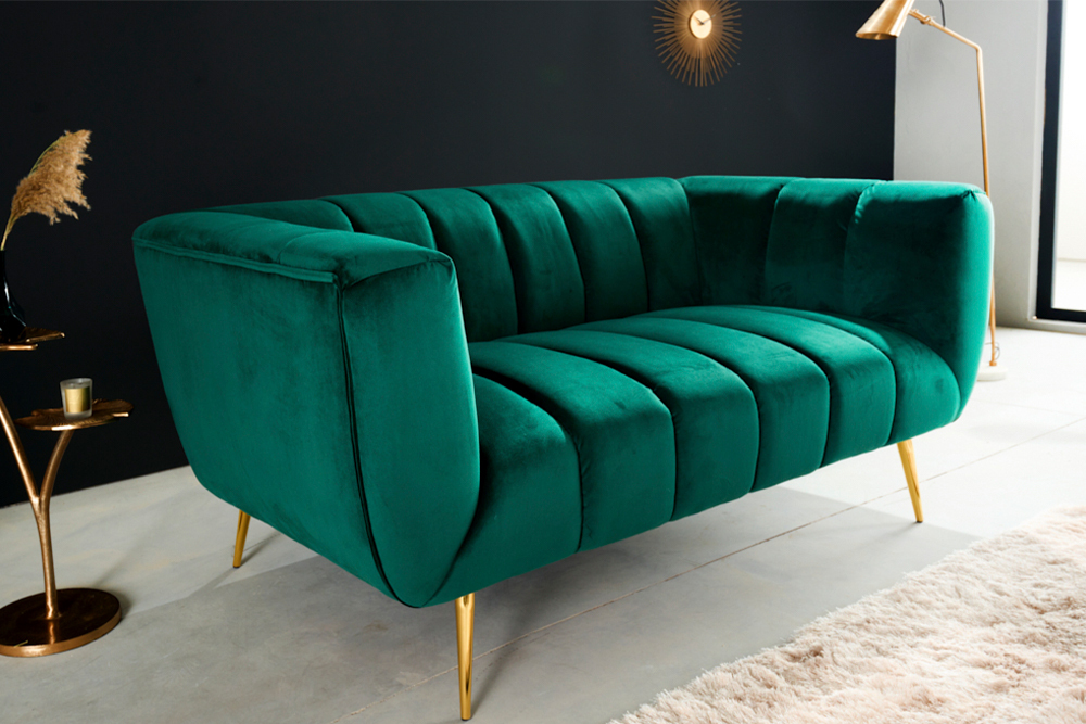 Design 2-Sitzer Sofa NOBLESSE 165cm smaragdgrün Samt Federkern goldene Metallfüße