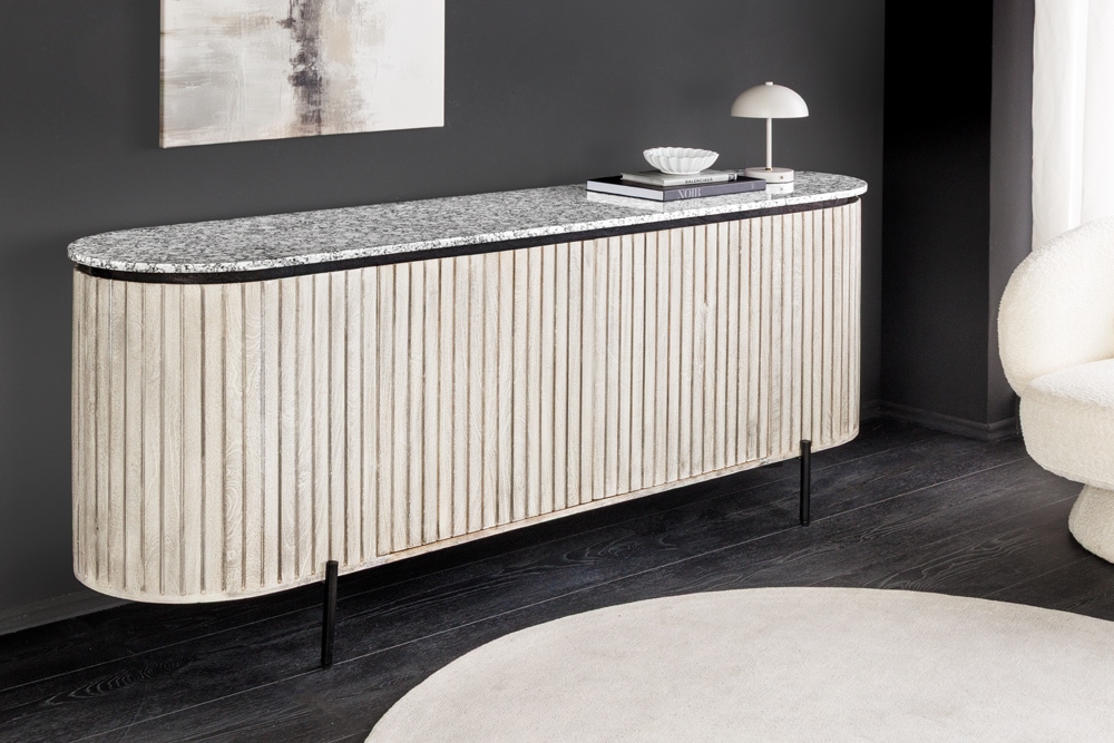 Massives Sideboard ADLON 170cm grau gebürstet Mangoholz mit weißer Marmorplatte