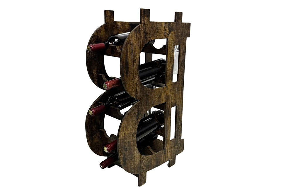 Stilvolles Weinregal BITCOIN 70cm natur Holzregal für 10 Flaschen und 4 Gläser