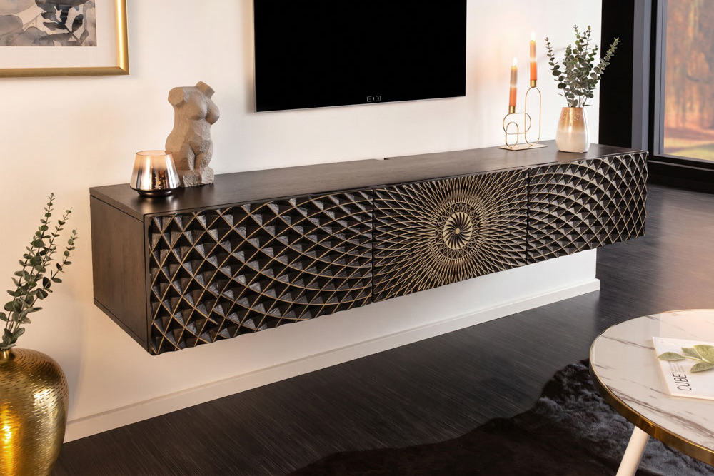 Hängendes TV-Board ILLUSION 160cm schwarz Mangoholz Massivholz mit 3D Schnitzereien gold