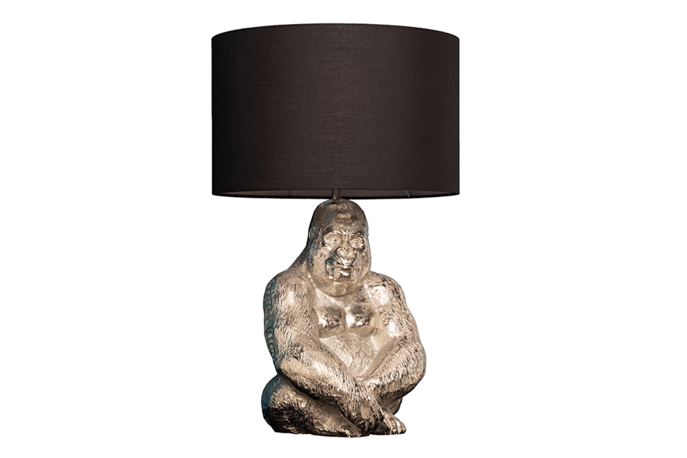 Handmade Tischlampe KONG 60cm silber Metall Affe Gorilla Dekoleuchte schwarzer Lampenschirm