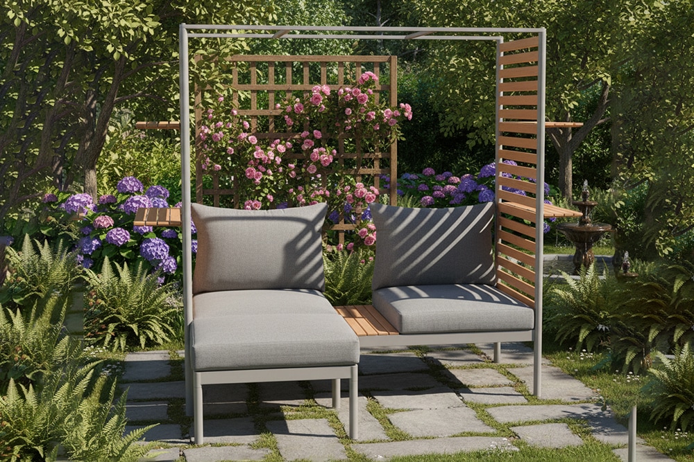 Outdoor Balkonlounge 2-Sitzer COCOONING anthrazit Aluminium Holz mit Hocker wetterfest