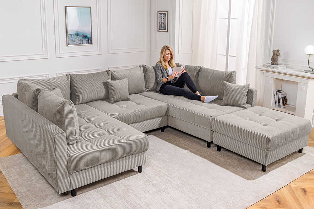 Moderne XXL Wohnlandschaft KENT 305cm greige Cord Bigsofa inkl. Hocker Federkern
