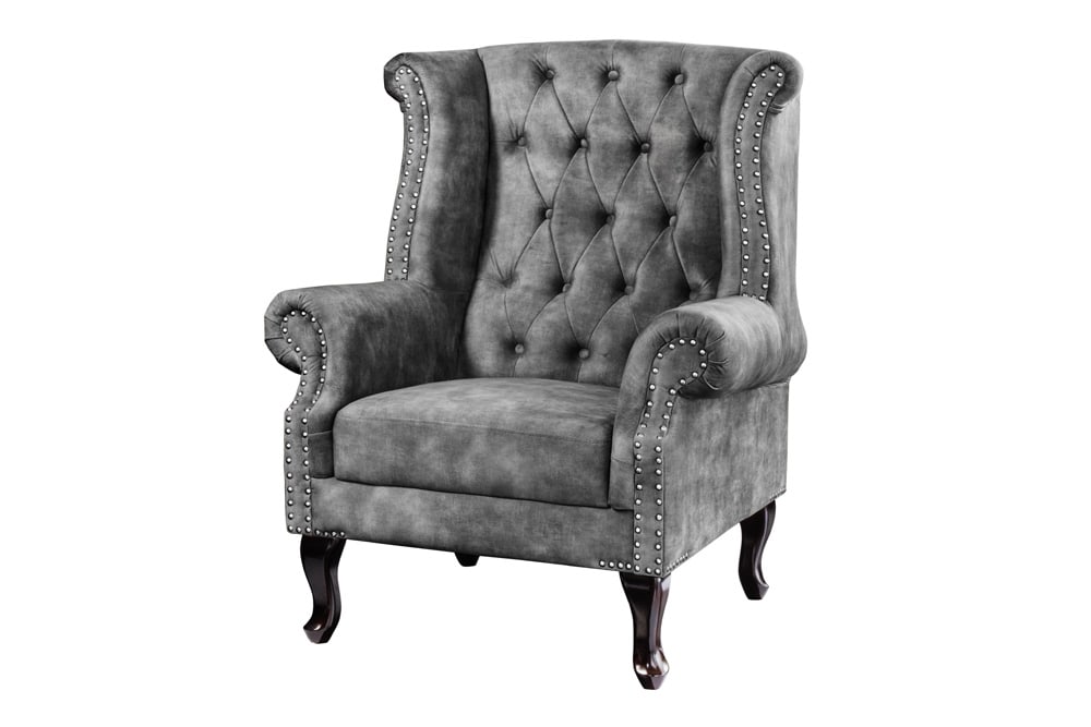 Design Ohrensessel CHESTERFIELD 105cm grau Samt silber Nieten