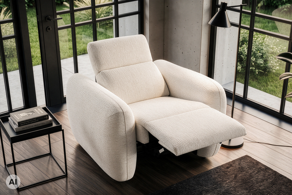 Sessel MILANO 110cm beige Bouclé Tweed Soft elektrisch verstellbare Fuß- und Kopfstütze