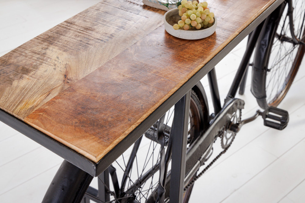 Retro Konsolentisch BICYCLE 195cm Mangoholz Fahrrad Bartisch Upcycling