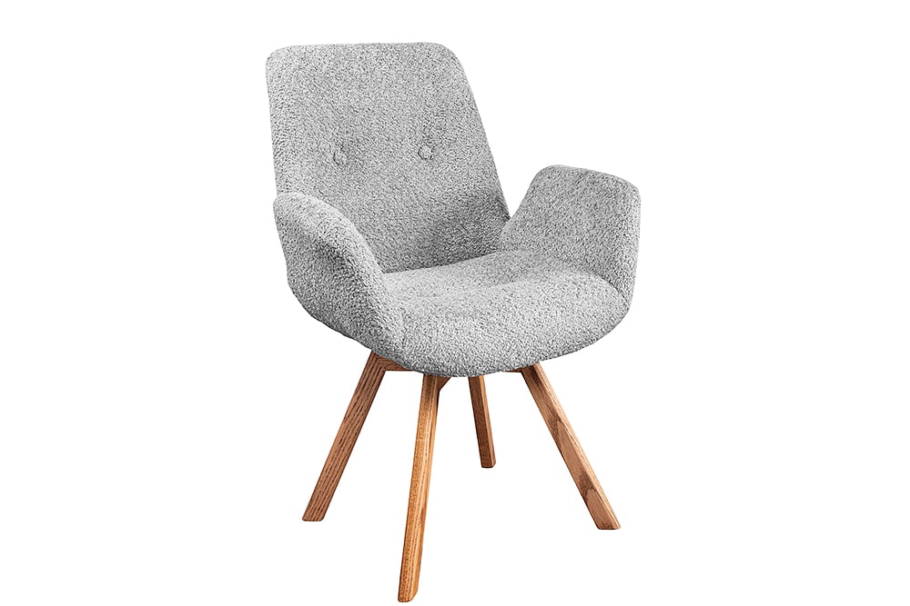 Drehbarer Design Stuhl BALTIC grau Bouclé natur Eiche Massivholz-Beine mit Armlehne