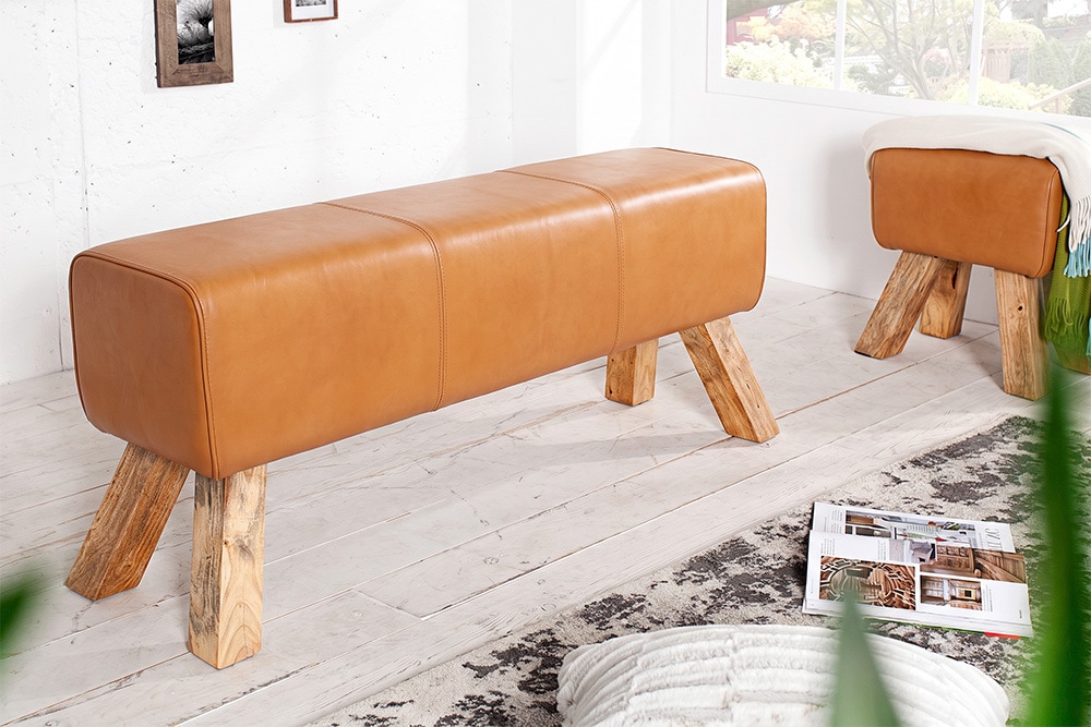 Design Sitzbank TURNBOCK 120cm cognac braun mit Echtleder-Bezug Sitzhocker
