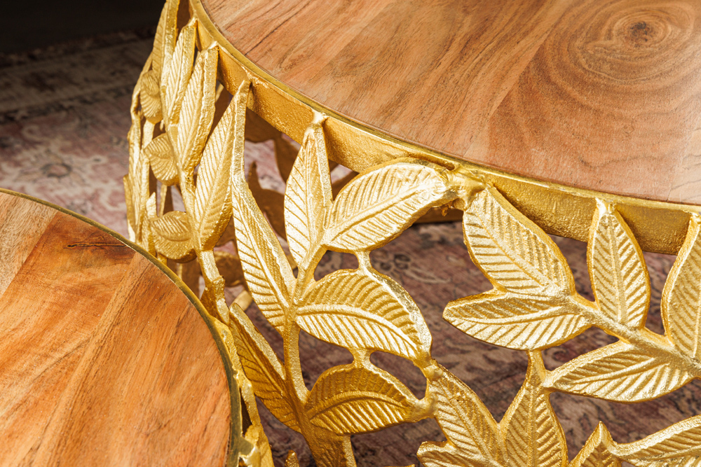 Rundes 2er Set Couchtische ABSTRACT LEAF 70cm natur gold Massivholz Akazie Metall Blatt-Design