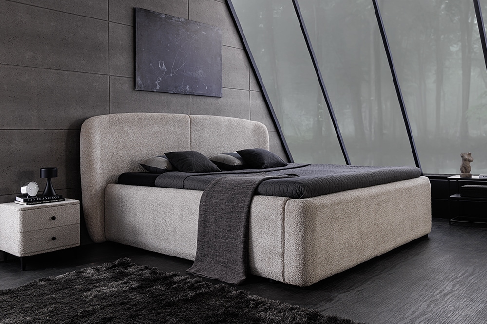 Modernes Boxbett ART DECO 160x200cm greige Bouclé mit Stauraum und Lattenrost