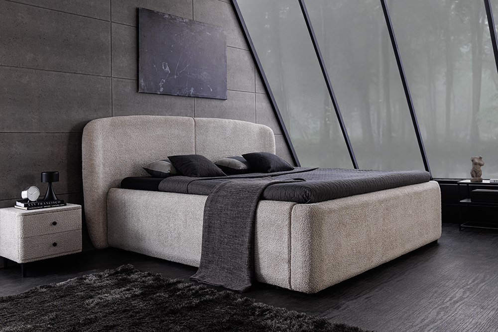 Modernes Boxbett ART DECO 160x200cm greige Bouclé mit Stauraum und Lattenrost Modernes Boxbett ART DECO 160x200cm greige Bouclé mit Stauraum und Lattenrost