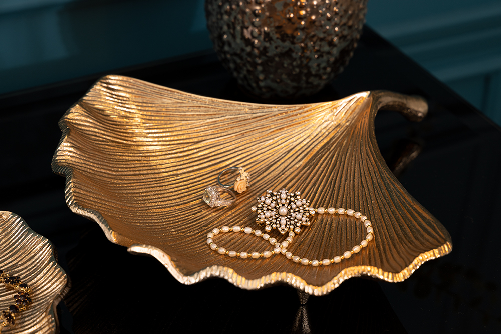 Dekorative Schale GINKGO 35cm gold handmade Metall