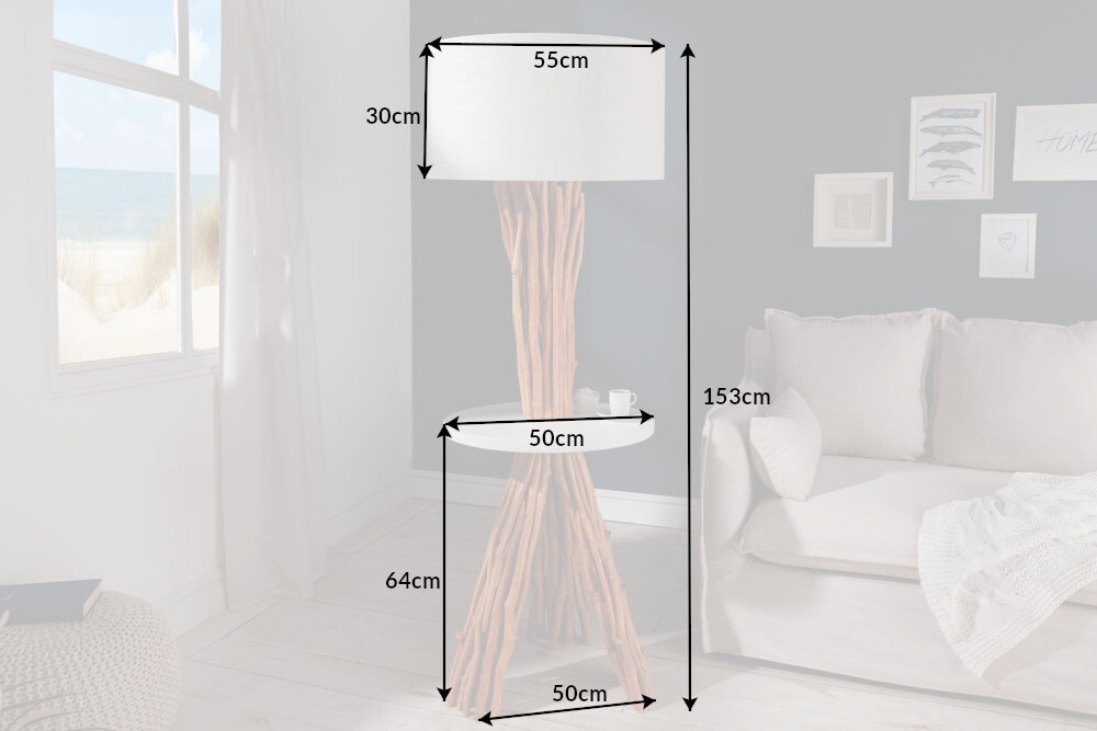 Funktionelle Stehlampe SERVANT 153cm Longan-Massivholz mit Tisch und Leinenschirm