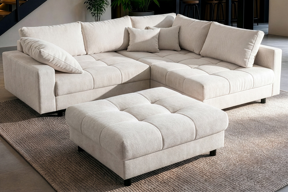 Ecksofa KENT 220cm champagner beige Chenille inkl. Hocker Federkern Wohnlandschaft