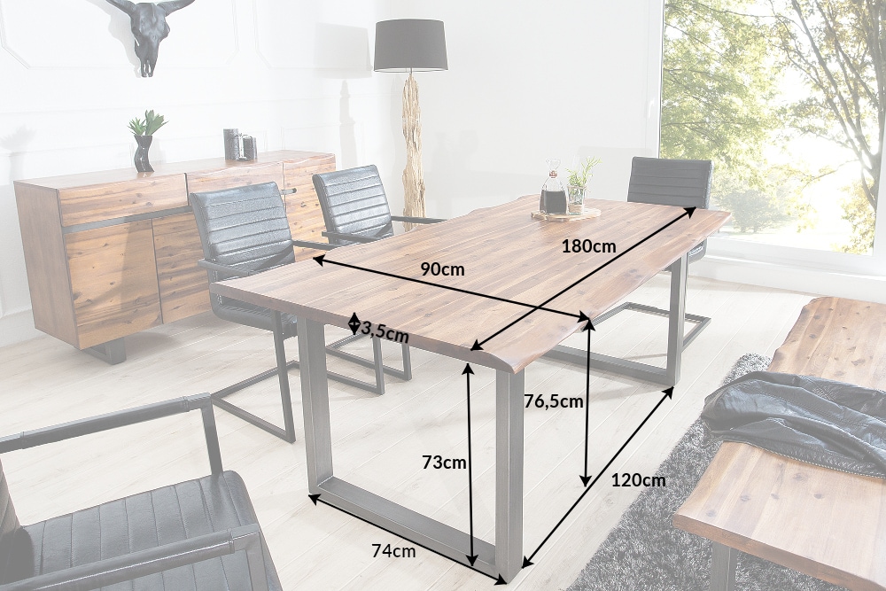 Massiver Baumstamm Esstisch GENESIS 180cm Akazie Baumkante Kufengestell Industrial Finish