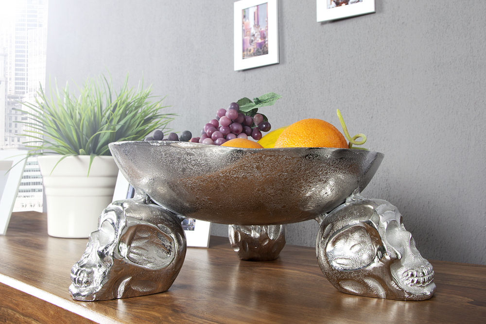 Design Deko-Schale SKULL 35cm silber Aluminium Totenkopf
